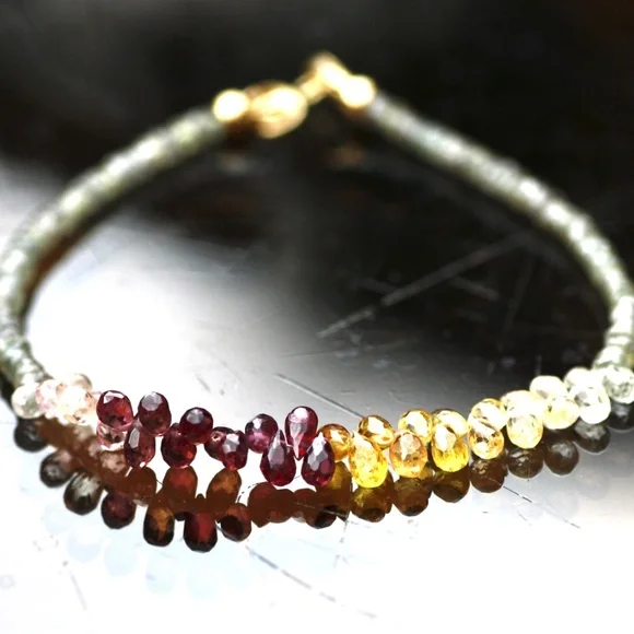 Natural Green , Plum and Yellow Sapphire Bracelet Handmade Solid 14K Yellow Gold - Picture 3 of 11